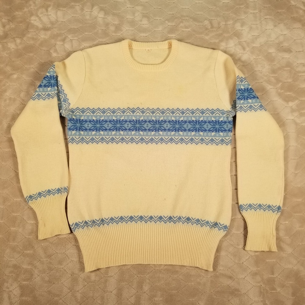 VTG 60s 70s Wool Nordic Sweater Fair Isle Snowflake Yellow Blue Norway Sz 36 M